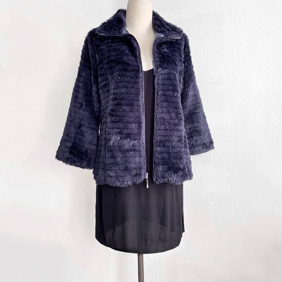 Vintage Faux Fur Navy Blue Jacket Size M 3/4 Wide Sleeves Vegan Oversized - Picture 1 of 8